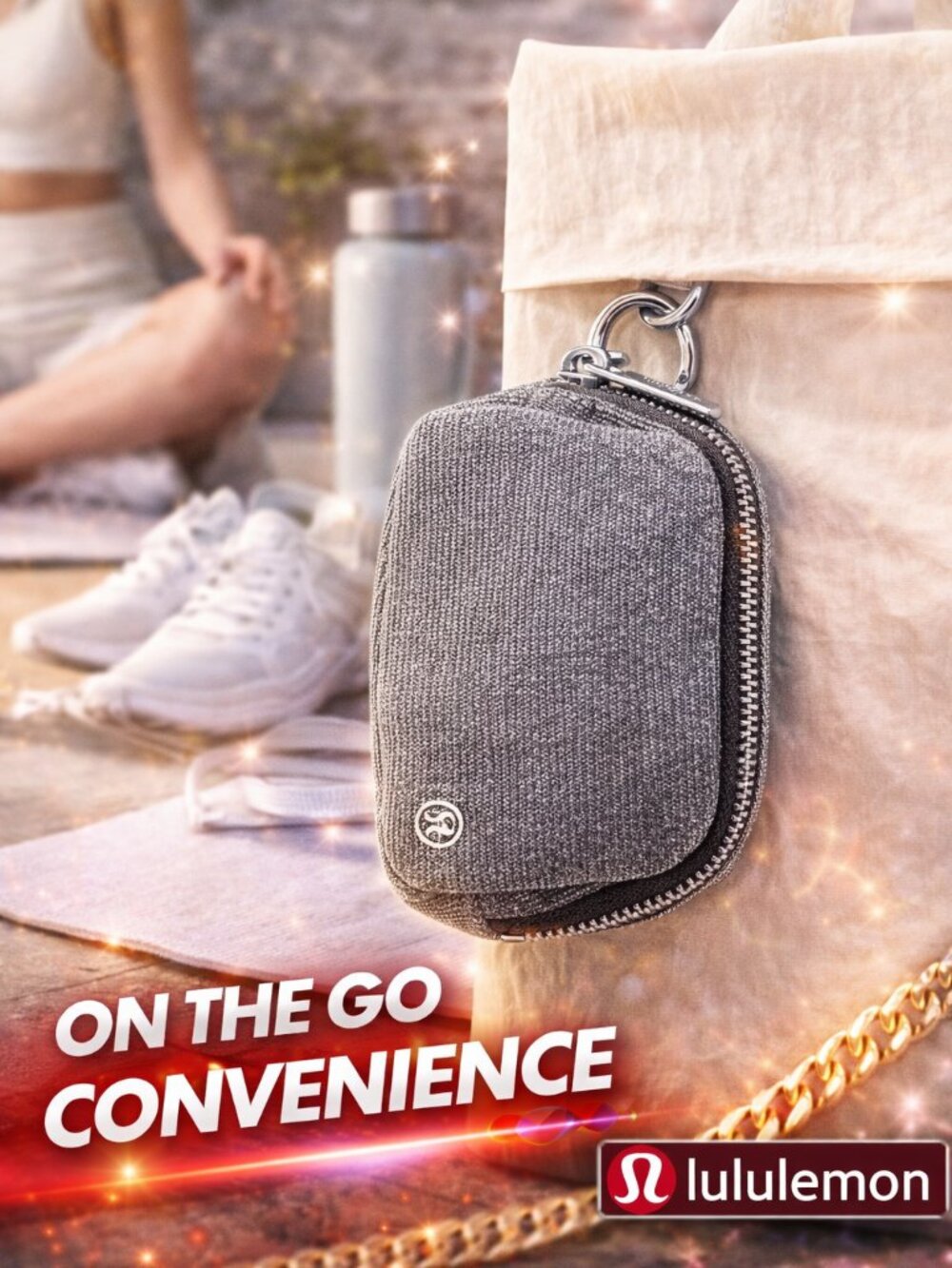 Lululemon Nano Belt Bag Glitter Silver Keychain Zip Pouch Compact NWT